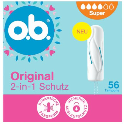 o.b. Original super 2-in-1-Schutz Tampons, 1 x 56 Stk. | Mit Dynamischer Passform und ineinandergreifenden Rillen für bis Zu 100% Auslaufschutz und Komfort
