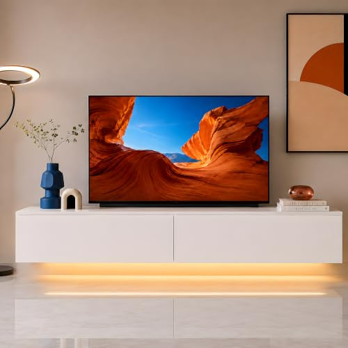 GOKHOMX Mueble TV LED RGB 180 cm Blanco, suspendido o con Patas | Mueble TV LED RGB 180 cm con mando, 2 puertas abatibles, almacenaje cerrado y montaje en pared o con patas