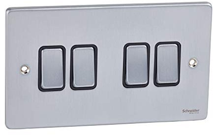 Schneider Electric GU1542BBC Interruptor de Placa Perfil bajo, 4 Bandas, 2 vías, 16AX, Metal, Cromo Cepillado con Inserto Negro