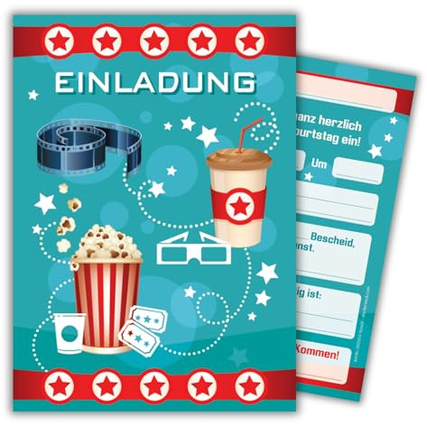 JuNa-Experten 12 Einladungskarten zum Kindergeburtstag Kino Party pink/Cinema Party/schöne und bunte Einladungen