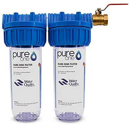 PureOne Doppel Filtergehäuse - Leergehäuse 10 Zoll mit 1, 3/4 oder 1/2 IG Anschluss. Für 10 Zoll Wasserfilter. Brunnenwasser, Zisterne, Hauswasserwerk. Inklusive Teflonband und Absperrhahn