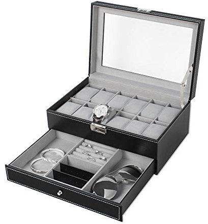 Uhrenbox aus Leder mit 12 Fächern mit Schlüssel, Uhrenkoffer mit Schublade, Uhrenkasten Schmuckkasten mit Glasanzeige Oberseite Uhren Schmuck Aufbewahrung