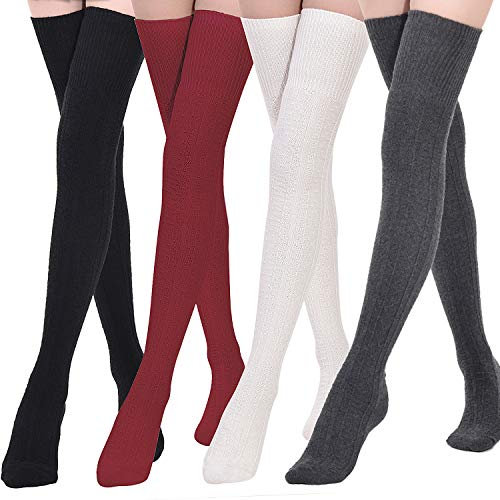Kayhoma Extra lange Oberschenkelstrümpfe aus Baumwolle, Overknee-Socken, Stiefelstrümpfe, Baumwoll-Beinstulpen, Schwarz, Weiß, Grau, Burgunderrot, M
