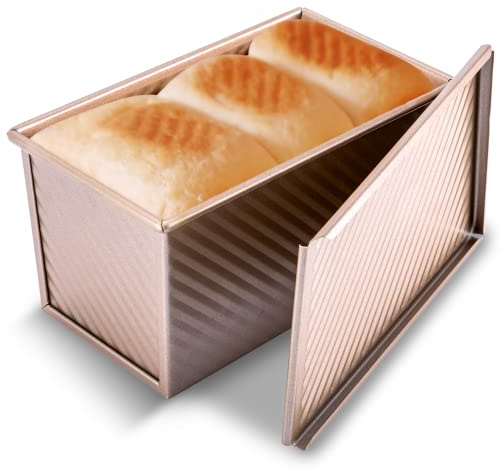 KITESSENSU Pullman Loaf Tin with lid, Nonstick Bread Tins for Baking with Cover, 1lb(450g) Dough Capacity Carbon Steel loaf pan Toast Box for Toast/Sandwich/Cake Mould - Gold(8.27x4.80x4.53 Inch)