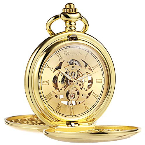 TREEWETO Taschenuhr Unisex Taschenuhr mit Kette Analog Mechanisch Handaufzug Doppelscharnier Antik Römische - Gloden