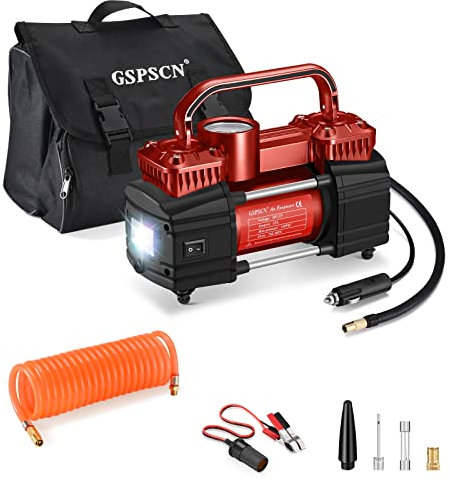 GSPSCN Dual Cylinder DC 12V Air Compressor for Car, Heavy Duty Portable Tire Inflator,Tire Pump 150PSI with LED Light for Auto,Truck,SUV, RV,Balls etc (RED)