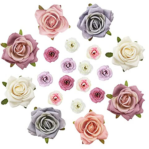 EQLEF Teste di Rosa, Teste di Fiori di Seta Rosa Rose Finte per La Decorazione dei Vestiti del Cappello Della Festa Nuziale Fai Da Te 20 Pezzi (4 cm, 7 cm)