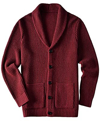 ZHILI Cardigan da Uomo Casual Sottile Spesso Lavorato a Maglia con Collo a Scialle Tasche, Vino Rosso, M
