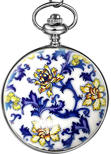 zolohoni Pocket Watch Stainless Steel Mechanical Hand-Wind Retro Skeleton Dial Flowers with Chain for Womens
