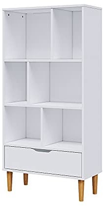 Panana Free Standing Bookcase, Bookshelf with Drawer Display Unit Storage Organiser Cabinet Shelving Shelves Rack Unit Wooden Leg Living Room Office Furniture White