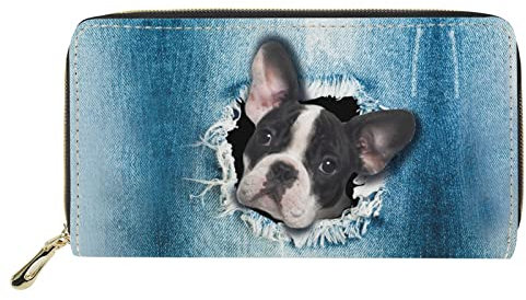 Dolyues Lange Geldbörse aus PU-Leder für Damen, süße 3D-Tier-Boston-Terrier-Hundemuster-Geldbörse mit Reißverschluss, Multifunktions-Geldbeutel mit Münzbeutel