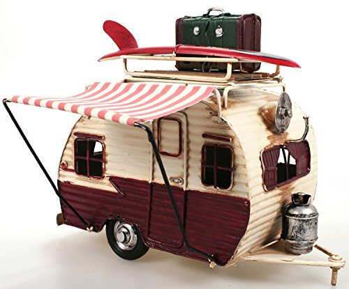 Wohnwagen Metall rot 23 cm mit Rahmen und Spardose Shabby Camper Vintage Auto Oldtimer Caravan Nostalgie Camping Reise Gutschein