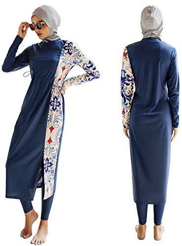 Burkini Swimwear for Ladies UK Muslim Swimming Costume Women Long Sleeve UV Protection Floral Tops + Pants + Swimming Cap Hijab 3 Piece Full Body Modest Swimsuit Islamic Bathing Suit 6#Navy Blue XL