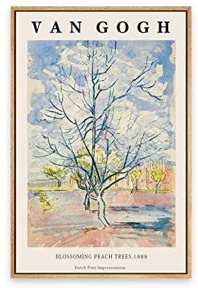 Vincent Van Gogh Kunstdruck auf Leinwand, gerahmt, Motiv Blühender Pfirsich, Reproduktion, Kunstwerk für Wohnzimmer, Schlafzimmer, Büro, Heimdekoration, 30,5 x 40,6 cm, Naturrahmen
