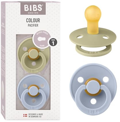Tétine BIBS Colour. Lot de 2 sucettes. Sans bisphénol A, Téterelle ronde. Latex de caoutchouc naturel, Fabriqué au Danemark. Taille 1 (0-6 mois), Khaki/Dusty Blue