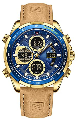 Naviforce Herren Militär Digitaluhren Analoge Quarzuhr wasserdichte Sport Multifunktions Lederarmbanduhr
