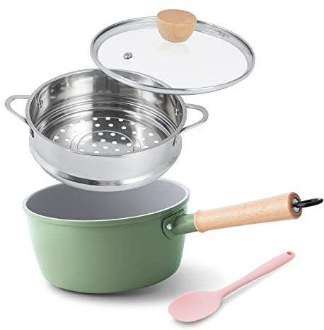 ROCKURWOK Ceramic Nonstick Sauce Pan with Lid, 2.2 Quart Cooking Pot, Small Saucepan with Steamer, PTFE& PFAS-Free, Wooden Handle for Cool Touch, Universal Base(Gas, Electric & Induction), Green