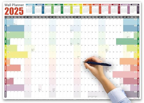2025 Wall Planner A2 Laminated - Full Year Wall Planner 2025 UK - Wall Calendar 2025 with mount stickers for academic, office, home and school by (42 x 59.4 cm) - A2 size.
