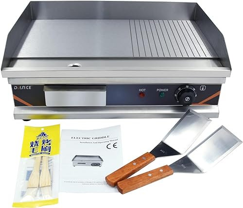 DULNICE Commercial Griddle, 54cm Countertop Electric Griddle Grooved & Flat Top Stainless Steel Kitchen Griddle Plate with Thermostatic Control, Hot Plate BBQ Teppanyaki Grill 3000W