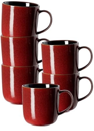 Ritzenhoff & Breker Gambia Kaffeebecher 6er Set, 400 ml, Runde Henkelbecher mit Farbverläufen, Skandinavisches Design mit Reaktivglasur, Steinzeug, Rot