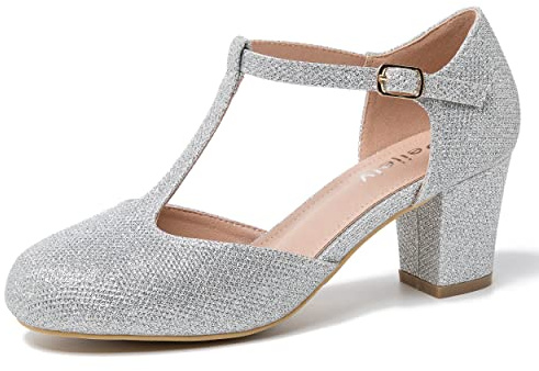 Damen T-Riemen-Pumps mit Blockabsatz, Knöchelschnallenverschluss, klassischer Ausschnitt, runde Zehenpartie, Elegante Schuhe, Silberfarben glitzernd