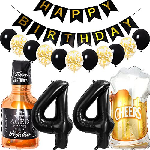 Conruich Geburtstagsdeko 44 Jahre Mann Frau, Luftballon 44. Geburtstag Deko Mann, Folienballon Zahl 44 Schwarz, Helium Ballon Whiskey Bierglas für 44. Geburtstag Manner Party Dekoration