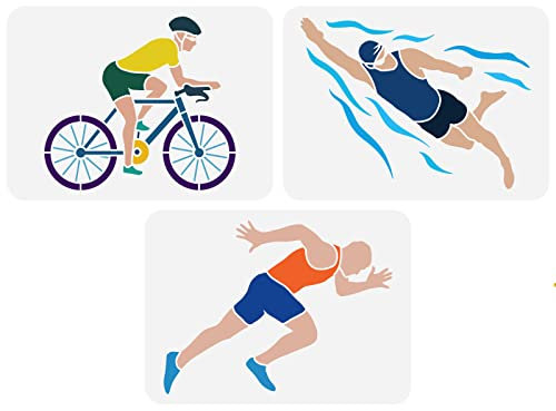 FINGERINSPIRE 3 STÜCKE Triathlon Sport Schablone Zum Malen 29.7x21 cm Aushöhlen Radfahren Schwimmen Laufen Zeichenschablone Wiederverwendbare Kunststoff Sportler Mann Schablone Holzschilder