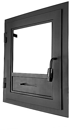 Puerta de ahumadero de una Hoja de 50 x 80 cm, Puerta de Chimenea con Vidrio para Horno de Pizza, Hierro Fundido. Sentido de Apertura: Izquierda | El Mango está a la Derecha.