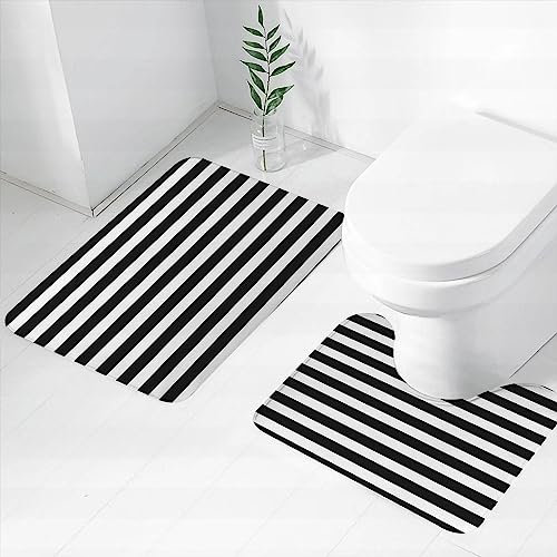 DHAEY 2-teiliges Badteppich-Set, Badematte-Set & U-förmiger Toilettenteppich, Streifen Gestreiftes Muster Schwarz-Weiß Gerade Abstrakt Künstlerisch Bedruckte rutschfeste Duschvorleger.