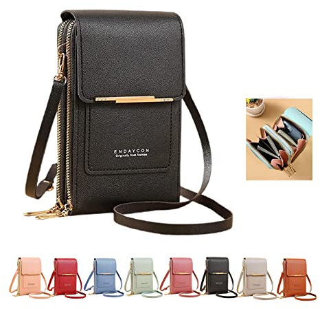 Crossbody Tasche Damen Handy Umhängetasche Frauen Handytasche zum Umhängen Schultertasche PU Portemonnaie Geldbörse mit Kartenfächer Mädchen Handtaschen (Black, One Size)