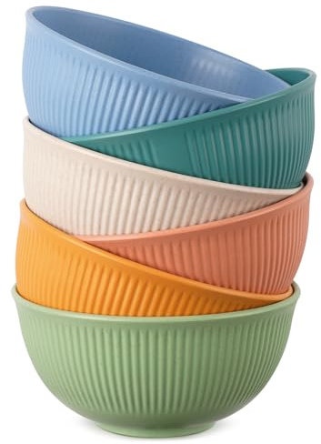 Worephu 6 Pcs Reusable Bowls, Unbreakable Light Weight Bowl Set, 655 ML Plastic Vertical Stripes Bowls for Breakfast, Salad, Snack, Pasta, Soup, Noodles (Mutil Color)