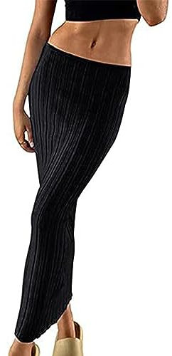 Onsoyours Damen Strickrock Hohe Taille Bleistift Rock Lang Elegant Maxi Rock Strandrock Sexy Slim Fit Rippenstrick Röcke Bodycon Stretch Rock Elastischer Sommerrock Figurbetonter A Schwarz XS