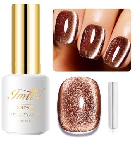 Imtiti Brown Gold Color Gel Nail Polish, 15ML Holographic 9D Cat Eyes Glitter Magnetic Gel Polish with Magnetic Stick for Nail Salon