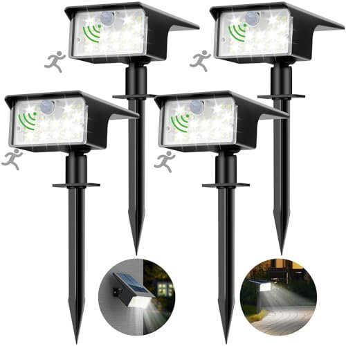 nipify 62LED 3 Modes Faretti Solari a LED da Esterno con Sensore di Movimento, 4 Pezzi Luci Lampade Solari da Giardino Potenti, IP65 Impermeabile Lampada Solare per Cortile, Vialetto, Bianco Freddo