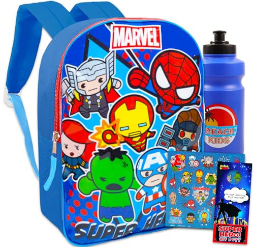 Marvel Avengers Rucksack für Jungen – Paket mit 38,1 cm Avengers-Rucksack plus Wasserflasche, Aufklebern, mehr, Avengers Schultasche für Kinder, Avengers Rucksack für Jungen, Super Heroes Bag for