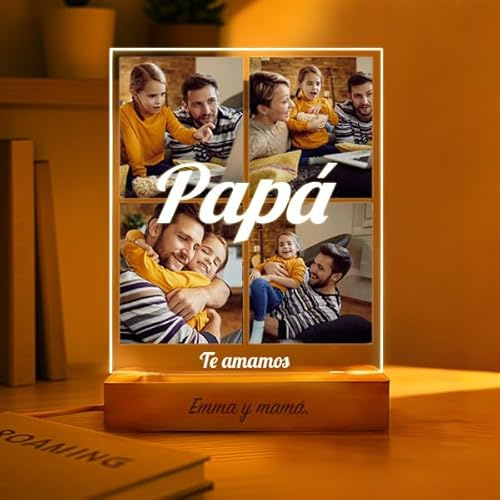 Lámpara Personalizada Transparente Con 4 Fotos Collage - Luz LED - Regalo Para Hombre, Día del Padre, Padres, Cumpleaños