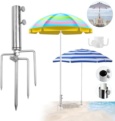 HEDMON Pied de Parasol en Acier Inoxydable, Porte-Parasol Amovible, Porte-Parapluie réglable de Plage avec Quatre Crochets d'angle, Piquet de pelouse pour Parasol pour la pêche, Le Jardin