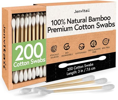 Jenvita 100% Bamboo Cotton Ear Swabs, 200 Pack, Double Tipped