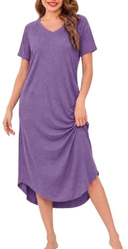 Nieery Nightdress for Women Short Sleeved V Neck with Pockets | Ladies Long Soft Nightshirts Nightwear Comfy Sleepwear