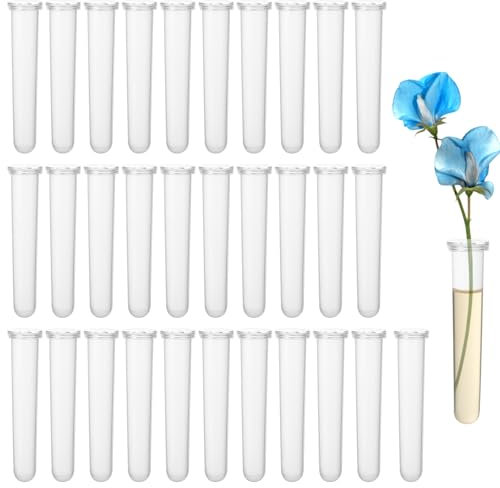 32 Pz Provette per Fiori, Provette Plastica per Fiori, Provetta per Acqua di Fiori con Tappo, Tubi per Fiori Provetta di Fiori Freschi di Plastica Trasparente per Decorazione Floreale, 10x1,8 cm