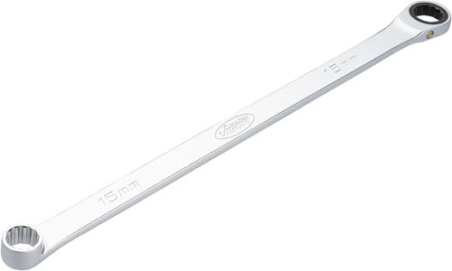 VIGOR Ratschen-Ringschlüssel V7031-15, extra lang, 15 mm SW, 349 mm Länge, 72 Zähne, verchromt und poliert, für größere Kraftübertragung, schlanke Bauform