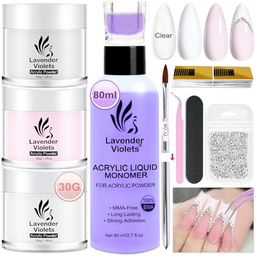 Lavender Violets Acrylic Nail Kit 30g x3 Clear,White,Pink Acrylic powder and monomer Liquid Set 80ml 3D Carving French Nail Art Brush,Rhinestones,Strengthen Nail Forms,Dappen Dish,Tweezers File N301
