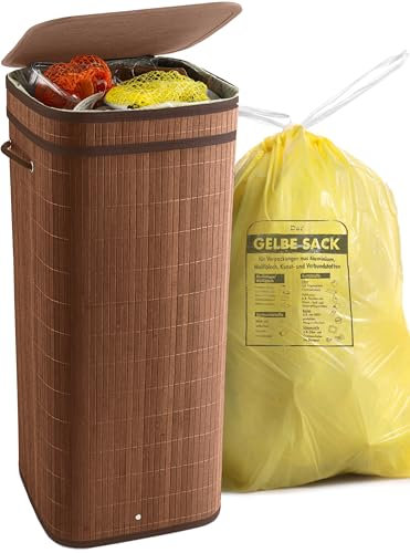 HOMELYN Gelber Sack Ständer I 80L, aus Bambus I Stabiler Müllsackständer mit Deckel I Extra für gelbe Säcke I Gelber Sack Mülleimer I Behälter gelbe Säcke für Küche & Haushalt