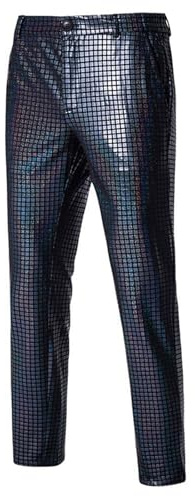SANSIWU Glitzernde Metallic-Hose für Herren, Hip-Hop, glänzende Disco-Hose, Nachtclub, Party, Tanz, 70er Jahre, Pailletten, gerades Bein, Streetwear, Schwarz , L