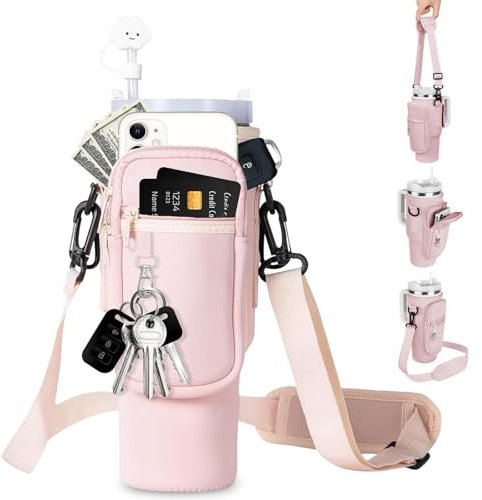 MPXEAVG Bolsa para Stanley Cup 1.2L/40oz, Stanley Accesorios, con Compartimento para Teléfono Móvil, Mosquetón y Correa de Hombro Ajustable, para Senderismo, Viajes, Camping (Rosa)