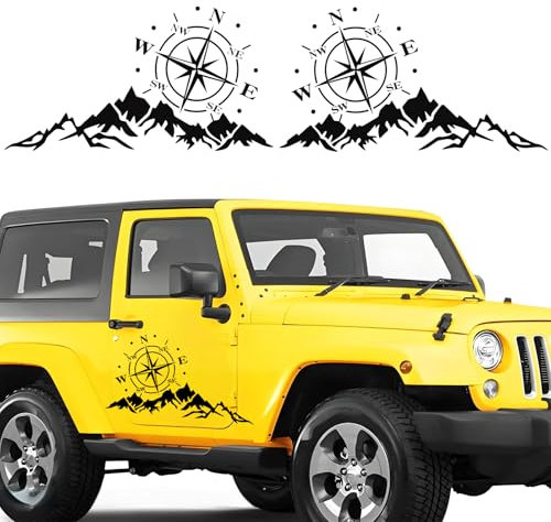 1 Paar Kompass Berg Autoaufkleber, Wasserdichte Vinyl Berg Auto Aufkleber, Universal Kompass Grafik Sticker Auto Seitentür Karosserie Motorhaube Aufkleber Dekor für SUV Wohnmobil Wohnwagen Jeep LKW