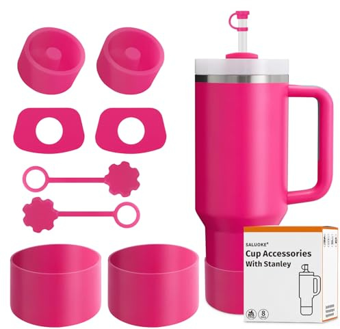 Stanley Cup Accessories 8 Pcs, Including 2 Straw Cover Cap, 2 Square Spill Stopper, 2 Round Leak Stopper, 2 Pcs Silicone Boot for Stanley Cup 2.0 40/30oz/Tumbler and IceFlow (Passion Pink)