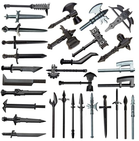 Funwetrike Mittelalterliche Waffen Bauklötze Set, Mittelalterliche Ritter Mini-Figuren Waffenset Inklusive Bogen, Schwert, Schild, Speer, Axt, Kompatibel mit den Wichtigsten Marken (30PCS)