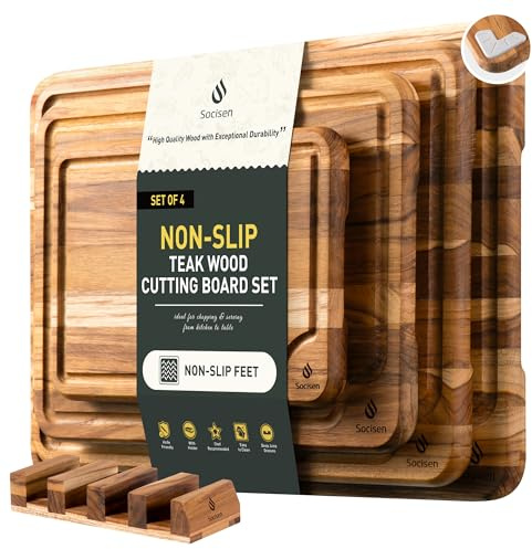 4 Pack Teak Cutting Boards for Kitchen Wood Wooden Cutting Board Non Toxic | High Rank Teak, Holder, Non Slip, Serving Board, Charcuterie Board, Wooden Chopping Board, Large Big Small, Best Kitchen