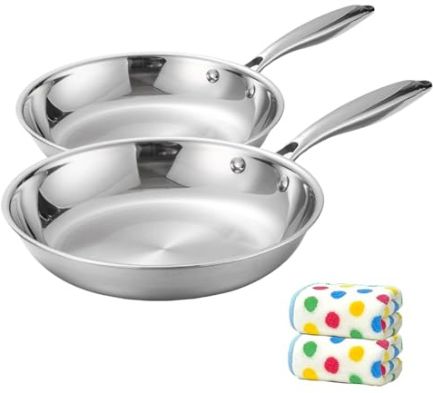 Lot de 2 poêles à frire en acier inoxydable 304 de qualité supérieure - 20-28 cm - Pour plaques à induction et four - Poignée ergonomique - Ustensiles de cuisine sains pour steak, œufs, cuisine